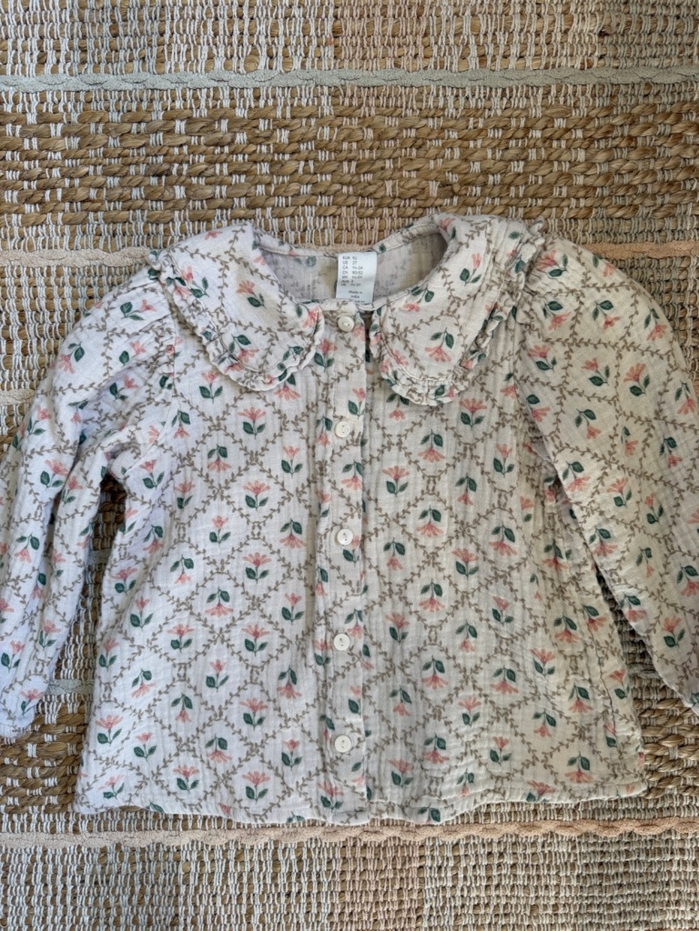 H&M Cream Floral Button-Up Blouse with Pink & Green Motif